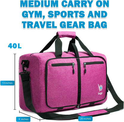 Bago Foldable Duffel Bags for Traveling Women & Men - 40L Sports Packable Duffle Bag for Travel with Shoe Compartment - Water Repellant, Heavy Duty, Lightweight Folding & Collapsible (SnowPink)