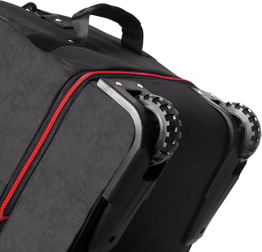 CONTAIL 32”110L Expandable 140L Rolling Duffle Bag with 2 Inline Wheels,Convertible Weekend Travel Bag with Bungee-Cord System,Black-red