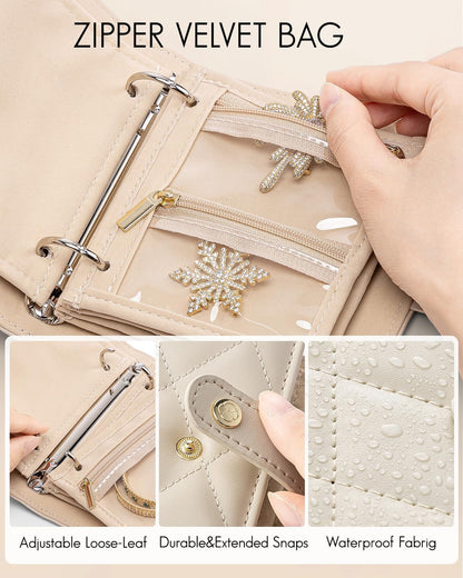 Vlando Travel Jewelry Organizer Case,Mothers Day Gifts for Her,Portable Jewelry Organizers Storage Book with Clear Zipper Velvet Jewelry Pouch Bag for Travel Essentials,Ring,Earring-Cream White