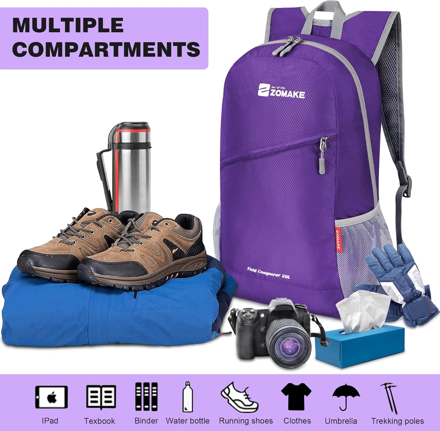 ZOMAKE Lightweight Packable Backpack 20L, Foldable Backpacks Small Daypack for Hiking Water Resistant Day Bag for Travel
