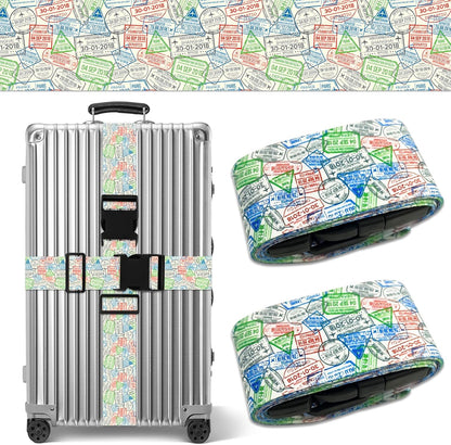 Luggage Straps for Suitcases TSA Approved, Luggage Identifiers for Suitcase, Adjustable Suitcase Strap for Baggage Security with Cute Patten, Travel Necessary Accessories (Travel Stamps)