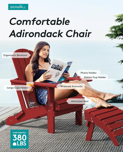 SERWALL Adirondack Chair with Cup Holders - Composite Adirondack Chairs HDPE Outdoor Chairs All Weather Use- Dark Red
