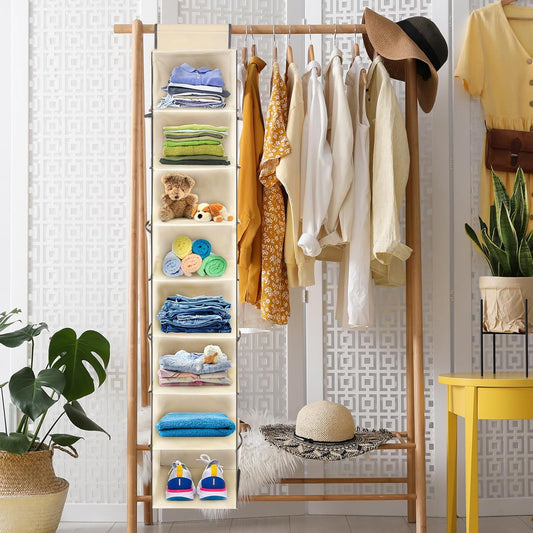 2 Pack Large-Sized Hanging Shoe Organizer 8-Shelf, Hanging Closet Organizer with 8 Side Pockets, Wider Hanging Shelves for Storage Shoes Clothes 9" W × 11.8" D× 48" H, Beige.