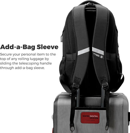 Swissdigital Design Laptop Backpack with USB Charging Port, TSA Travel Backpack Fits 15.6 inches Computer, 31L College School Backpack for Men, Black | SD803