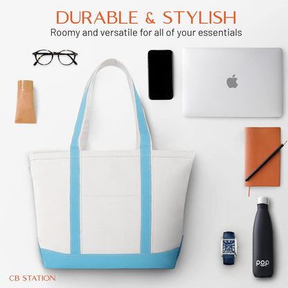 CB STATION Medium Classic Canvas Tote Bag for Women, Top Zipper Closure, Outer Pocket, Daily Essentials, Groceries, Traveling
