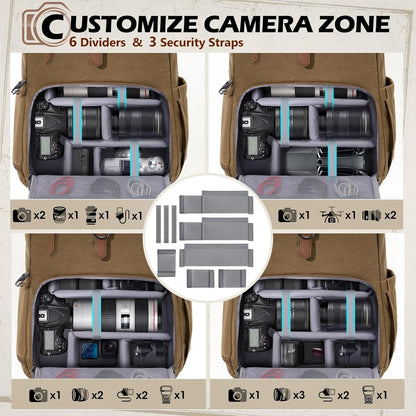RAINSMORE Camera Bag Backpack for DSLR/SLR Mirrorless 15.6 Inch Laptop Camera Back Pack for Photographers Anti-Theft Photography Bags Case with Tripod Holder & Rain Cover, Khaki
