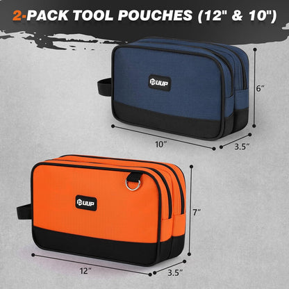 Small Tool Bag 2 Pack, Zipper Tool Pouch Two Compartments, 10 12 inch Utility ToolBag with Carrying Handle, Toolbox Storage Organizer for Electrician Mechanic, Gift for Men Dad, Orange/Blue
