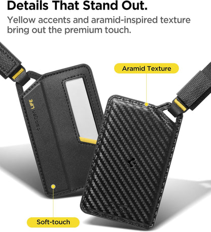Spigen Life Luggage Tags Premium Velo Vegan Leather ID Label for Suitecase Travel Bag Accessories with Magnetic Closure Privacy Protection Design Durable Strap - Black (1 Pack)