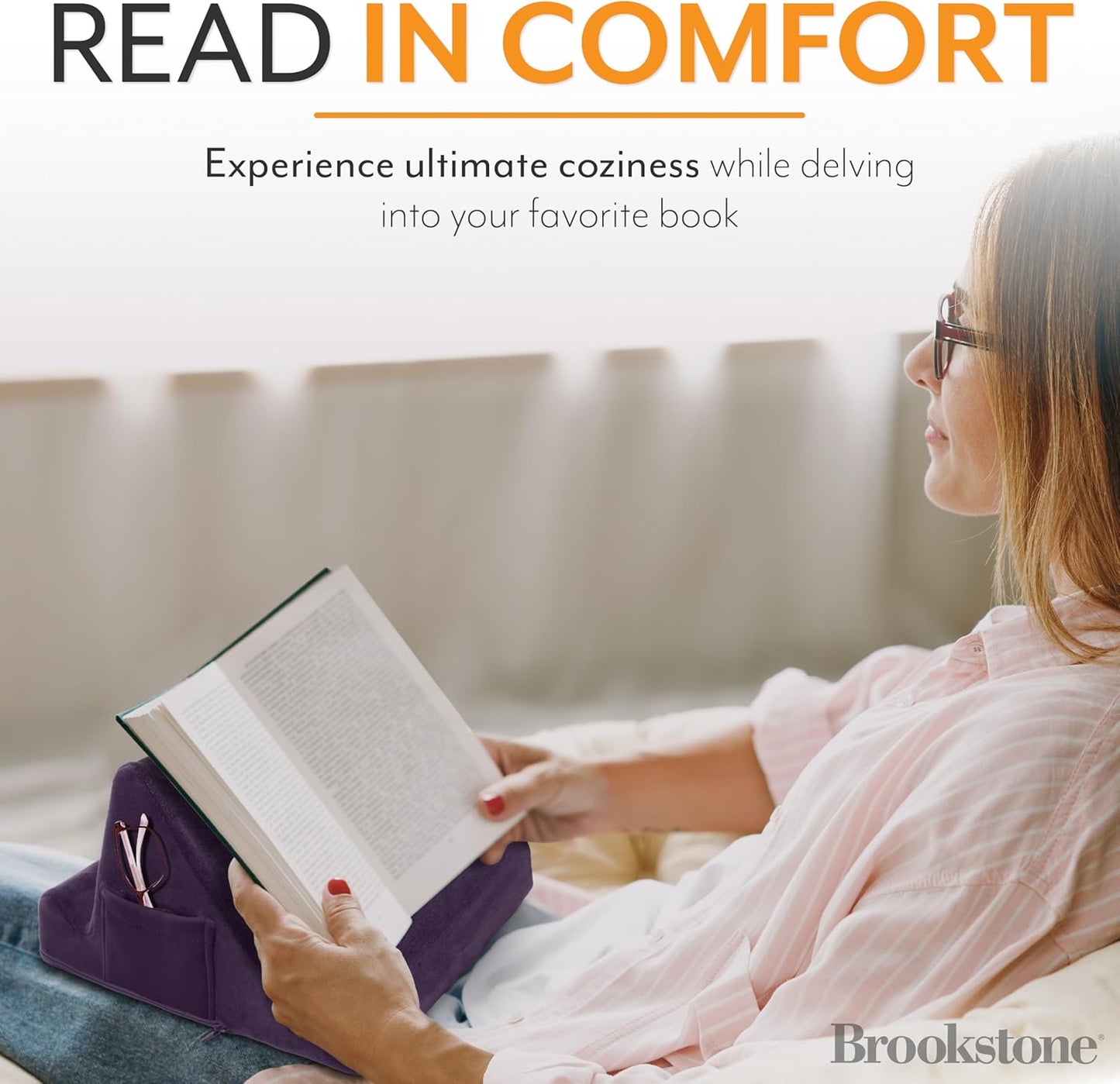 Brookstone, Memory Foam Lap Desk Tablet Holder, Holds Phones, iPads, E-Book Readers, 2 Viewing Angles, 2 Side Pockets for Accessories, Book Holder Cushion, Perfect Home, Car Travel Flights, Purple