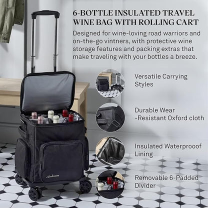 Wine Enthusiast 6 Bottle Insulated Wine Bag with Rolling Cart - Waterproof Oxford Cloth Wine Travel Tote with Shoulder Strap, USB Port, Pockets - Folding Trolley for Wine Transport - Fridge Bag