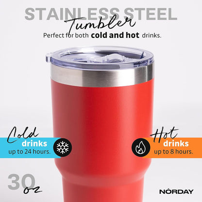 NORDAY | Tumbler with Lid - 30oz - Red Insulated Tumbler - Stainless Steel Tumblers - Double Wall Vacuum Insulated Travel Coffee Mug for Car Cup Holder - Keeps Temperature for 24hr - Anti Spill Lid