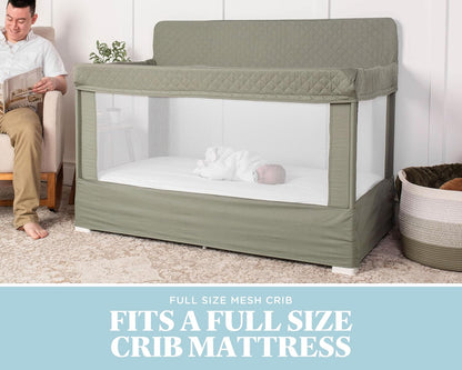 Baby Delight Lunaire Full Size Crib | Breathable Mesh Baby Crib | Tool-Free Assembly Baby Bed | 100% GOTS Certified Organic Cotton Fabric | Organic Sage