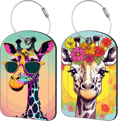 Funny Giraffe Luggage Tag for Suitcase Set of 2 PU Leather Cute Luggage Tags with Stainless Metal Loop ID Label Privacy Flap Suitcase Tags for Women and Men Travel