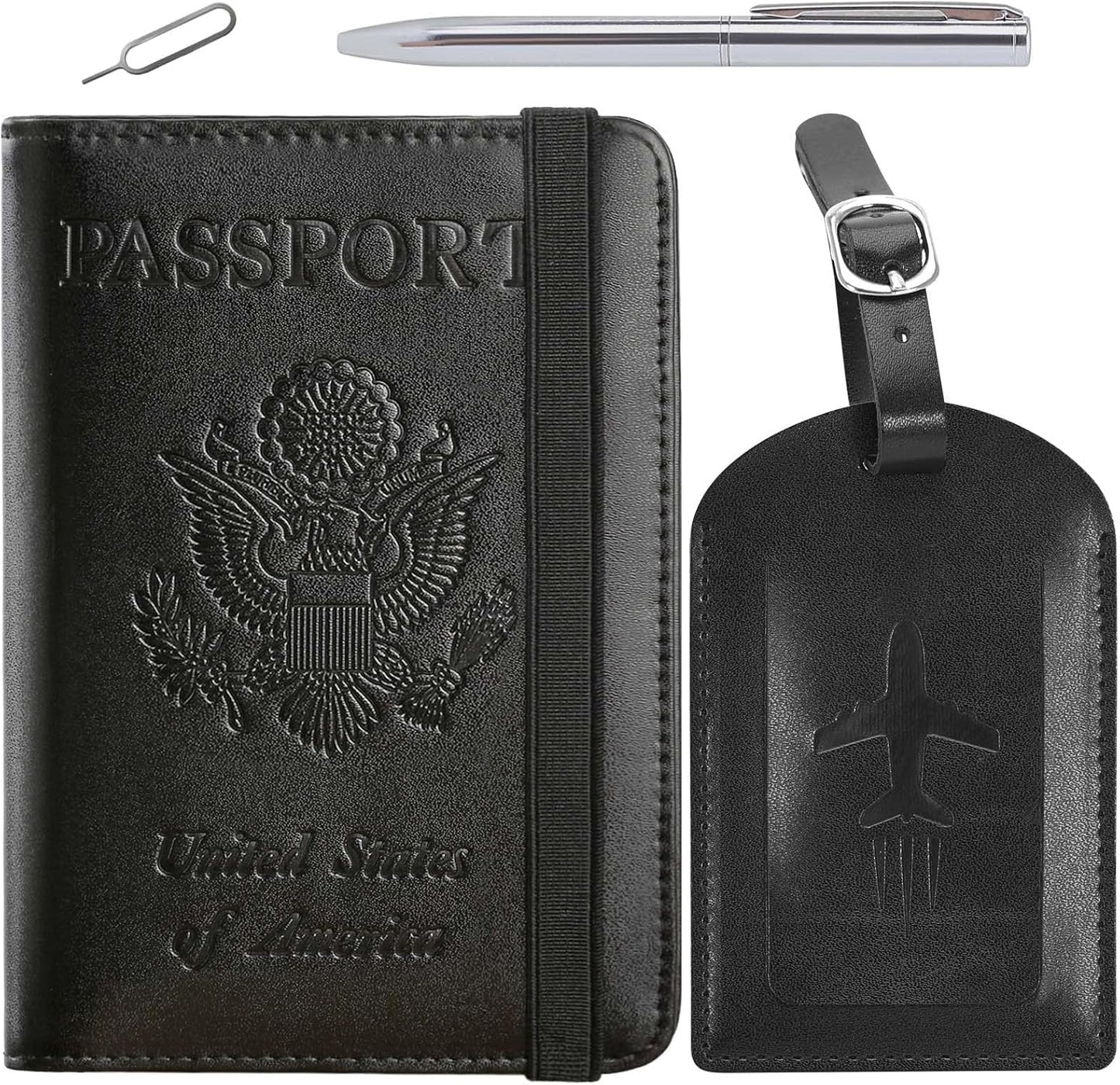 Passport Holder With Luggage Tag Travel Essentials Passport Cover Wallet RFID Blocking Leather Case International Must Haves Travel Accessories Women Men(115#Black)