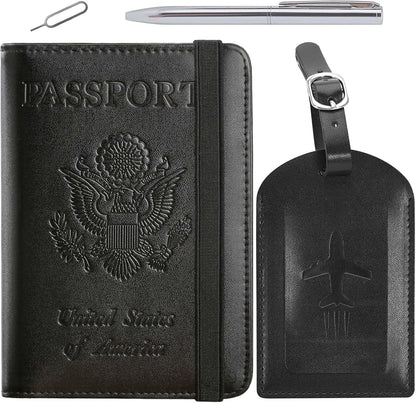Passport Holder With Luggage Tag Travel Essentials Passport Cover Wallet RFID Blocking Leather Case International Must Haves Travel Accessories Women Men(115#Black)