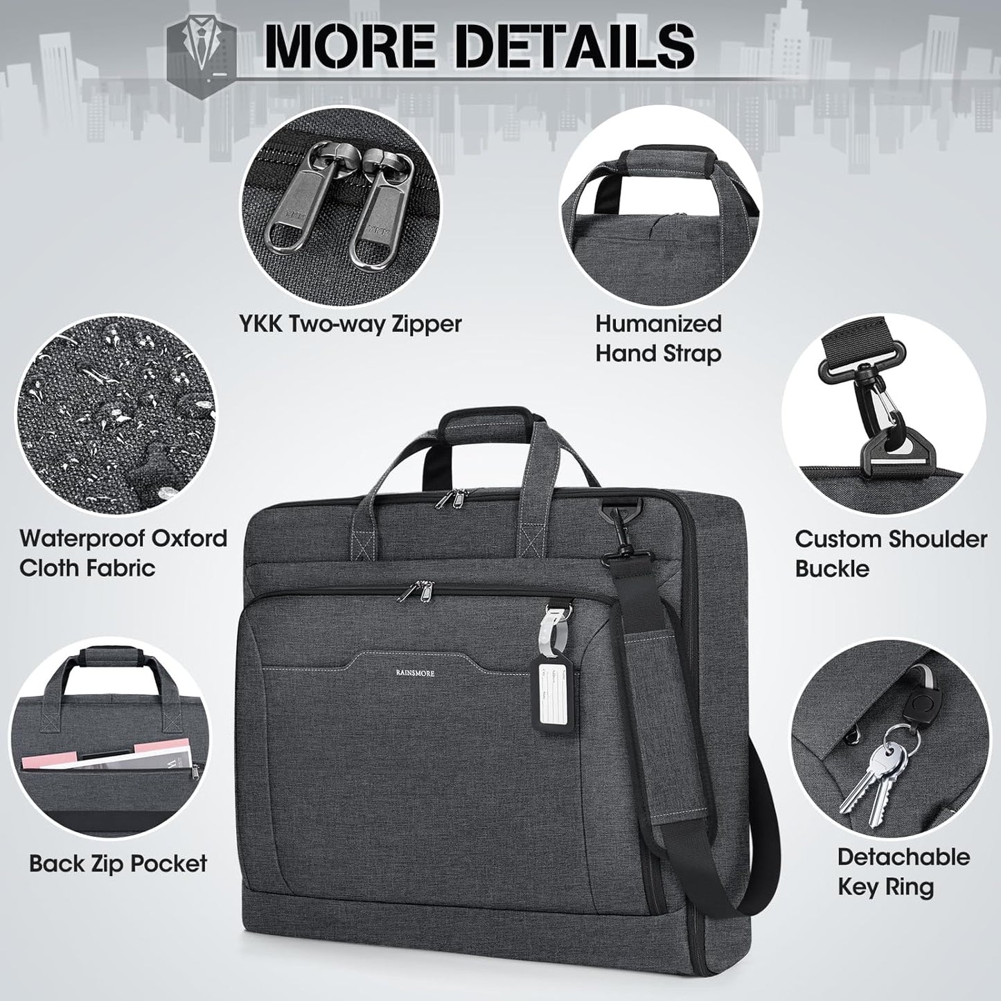 RAINSMORE Garment Bags for Travel Carry On Garment Bag for Hanging Clothes, Suit Bag for Business Trips with Shoes bag & Shoulder Strap, Waterproof Foldable Suit Luggage Bag for Men Women, Gray