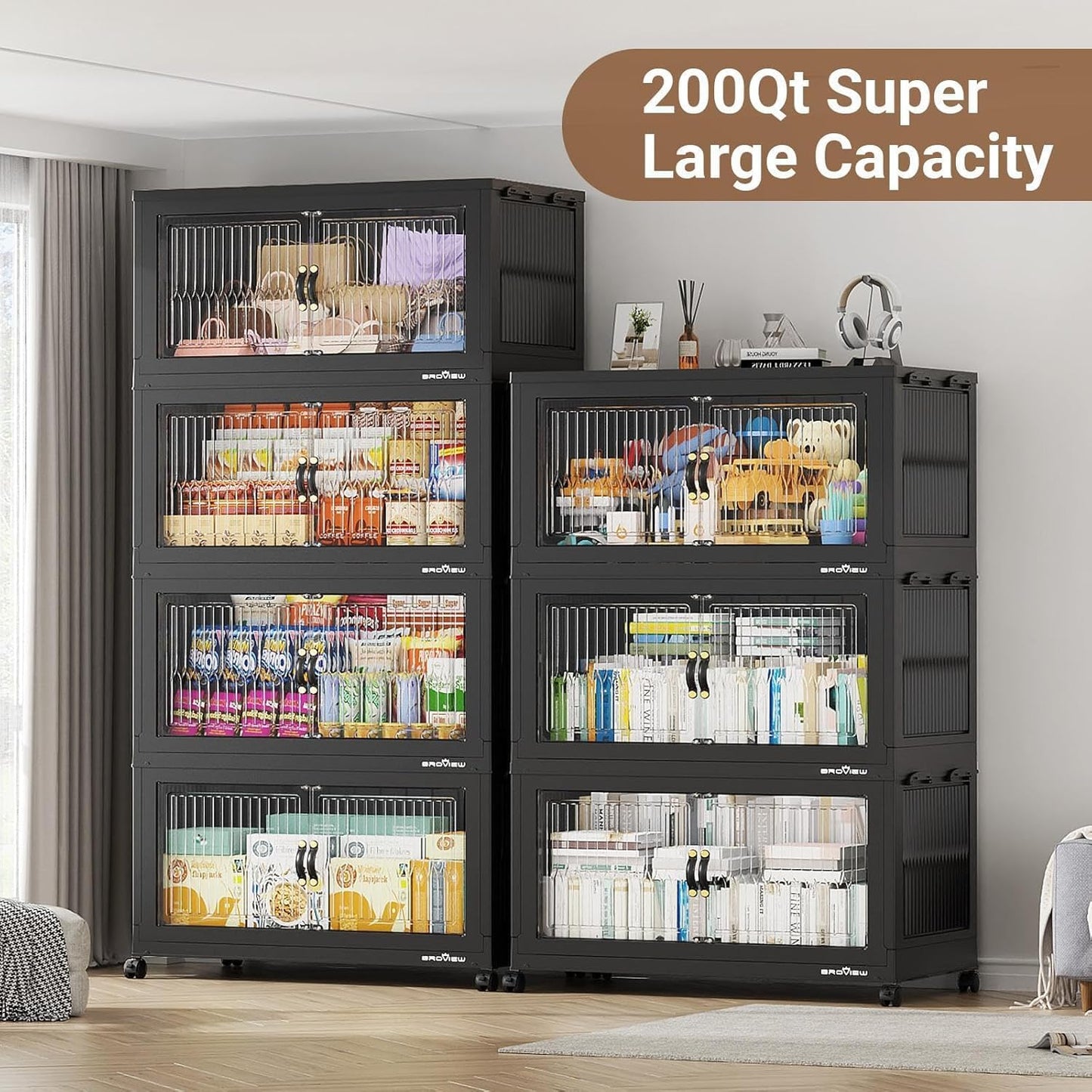 BROVIEW 600Qt Extra Large Stackable Storage Bins with Lid, Closet Organizer Collapsible Drawer Boxes with Wheels, Folding Plastic Cabinet Containers for Home Kitchen Room Organization, 3Pack Black