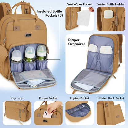Dikaslon Diaper Bag Backpack with Portable Changing Pad, Pacifier Case and Stroller Straps, Large Unisex Baby Bags for Boys Girls, Multipurpose Travel Back Pack for Moms Dads, Tan