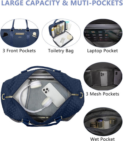Weekender Travel Duffle Bag for Women - Carry on Bag with Shoe Compartment Overnight Bags with Toiletry Bag Wet Pocket Weekend Traveling Yoga Gym Hospital Bags for Labor and Delivery Blue