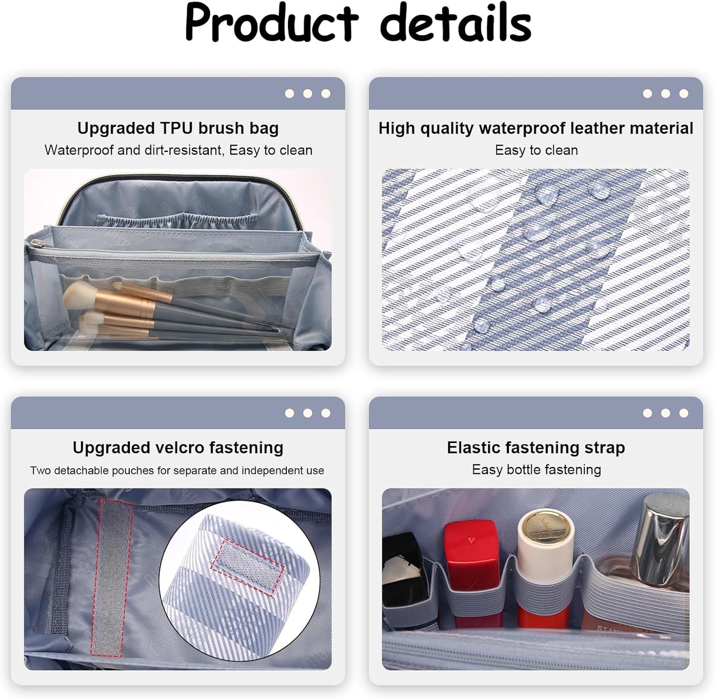 BOYATU Makeup Bag Travel Cosmetic Bag: 3 Pcs Set Portable Make up Bags for Women with Handle - Waterproof Vegan Leather Toiletry Organizer Bags with Comparments (F-05-Blue)