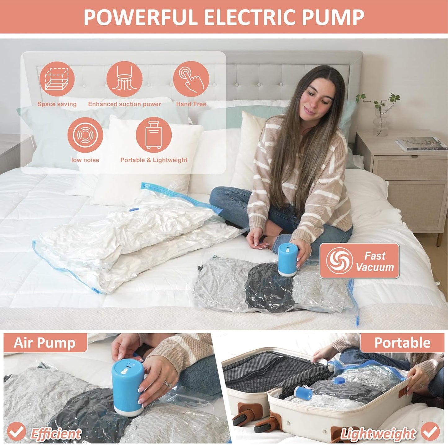 Cozy Essential 16 Pack Vacuum Storage Bags with Electric Pump, Vacuum Seal Space Saver Bags for Clothing, Pillows, Blanket, Bedding, Comforters