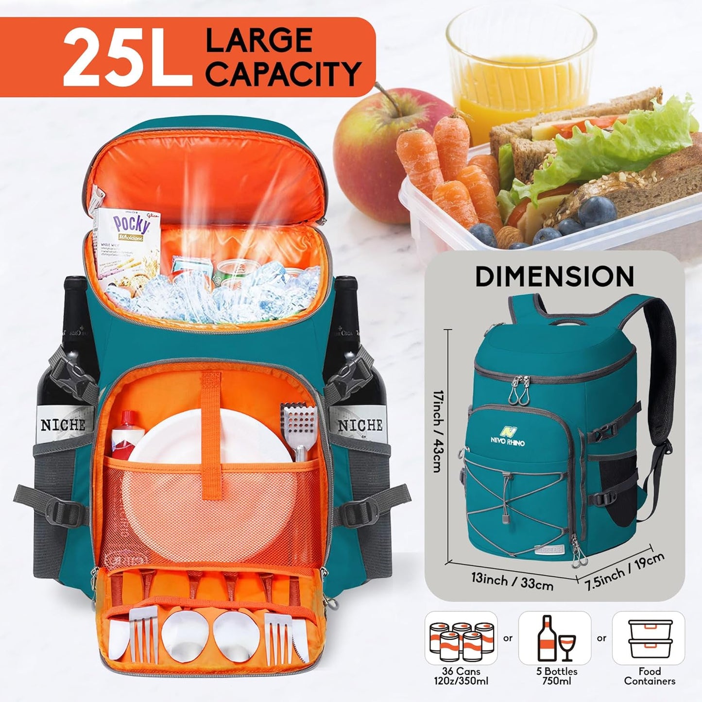 N NEVO RHINO Backpack Coolers Insulated Leak Proof 36/54 Cans,Portable Lightweight Waterproof Insulated Cooler Backpack for Men & Women Ideal for Camping,Travel,Beach,Picnics,Lunch & Day Trips