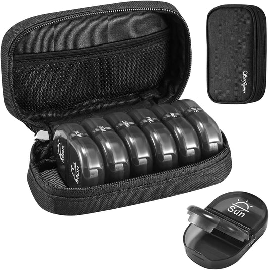 Serfeymi Weekly Travel Pill Organizer 2 Times A Day AM PM Upgraded Black Pill Box 7 Day with Portable Zipper Canvas Pill Case, Medicine Organizer for Pills, Vitamins, Supplements, Fish Oils - Black 01