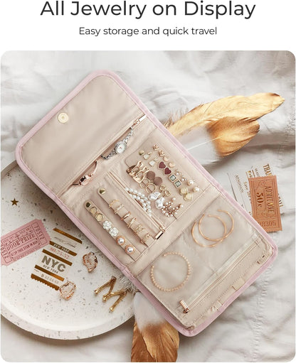 BAGSMART Travel Jewelry Organizer Case, Foldable Jewelry Roll for Necklaces, Earrings, Journey-Rings, Bracelets, Brooches, Portable, Khaki