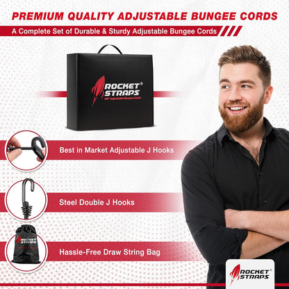 Rocket Straps - Ultimate Adjustable Outdoor Bungee Cord Assortment - Heavy Duty Set of 20 Bungee Cords (36") Double-J Hooks - Elastic Straps for Camping, Securing, and DIY Multipurpose