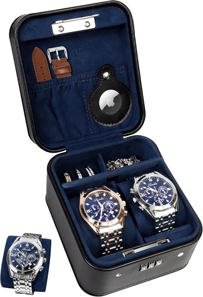 KAMIER Watch Travel Case with Combination Lock - 2 Watch Storage and Jewelry Organizer - Watch Case for Ring and Watch Storage, PU Leather Travel Watch Case, Ideal for Gift (With Gift Box) (Black)
