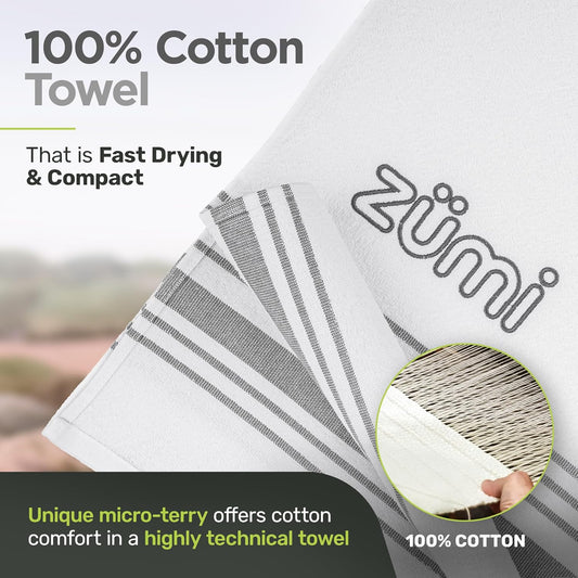 Zumi MINI 100% Cotton Camping Travel Towel - Small, Ultralight, Fast Drying, Highly Absorbent, Soft and Gentle on The Skin, Safe for The Planet (28" x 13" White)