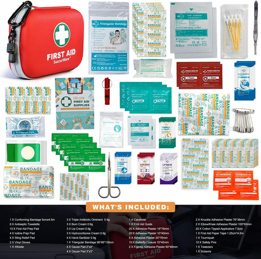150 Pieces Mini First Aid Kit - Small Medical Kit with Hard Shell - Emergency First Aid Kit for Car, Travel, Home, Outdoor, Office, Camping, Hiking (Red)