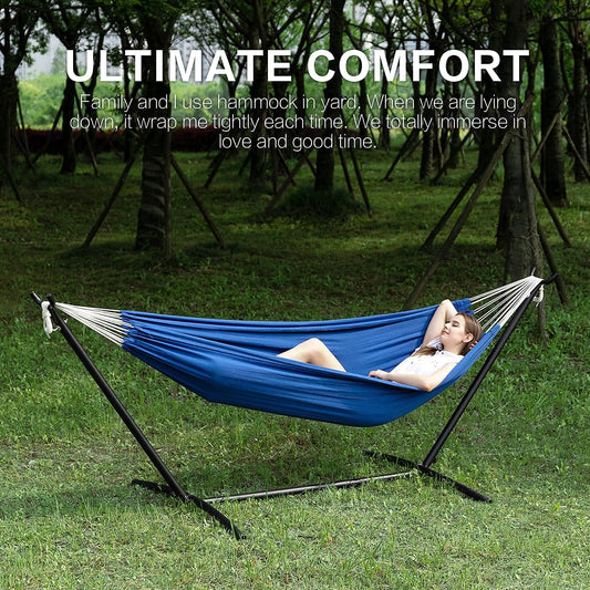 PNAEUT Double Hammocks with Stand for Outside, Portable Space Saving Heavy-Duty Steel Stand for Indoor Outdoor Patio with Carrying Bag, 450 lbs Capacity (Navy)