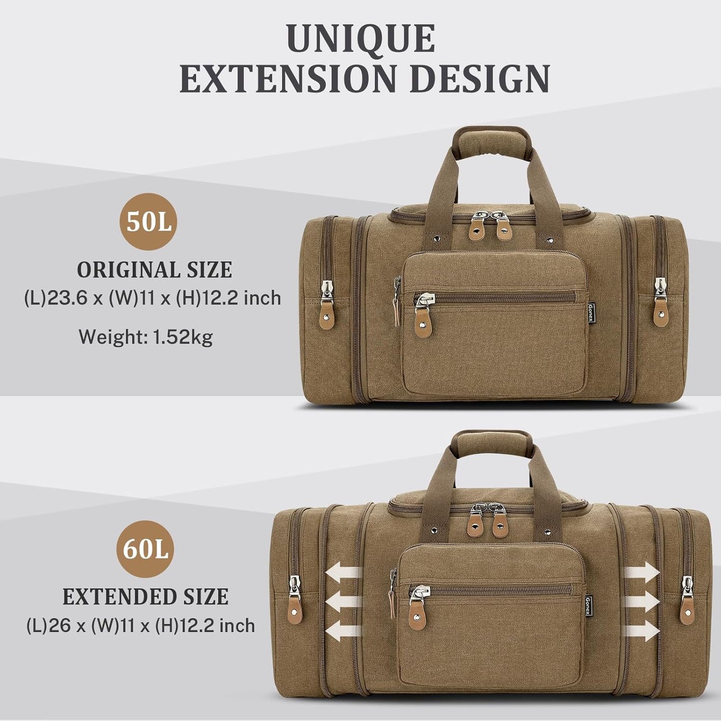 Gonex Canvas Duffle Bag for Travel 60L Duffel Overnight Weekend Bag(Coffee)
