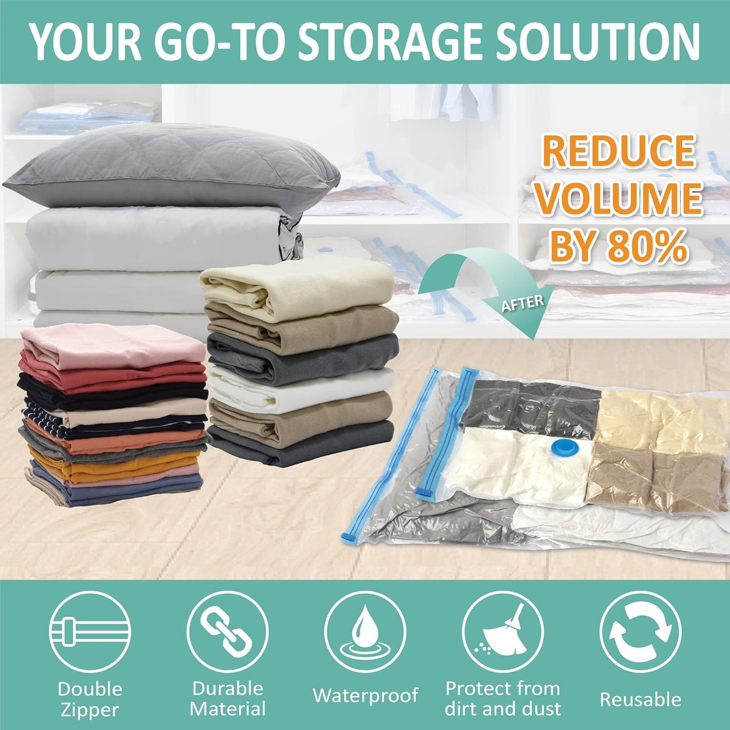6 Pack Vacuum Storage Bags, Space Saver Bags (2 Jumbo/2 Large/2 Medium) Compression Storage Bags for Comforters and Blankets, Vacuum Sealer Bags for Clothes Storage, Hand Pump Included