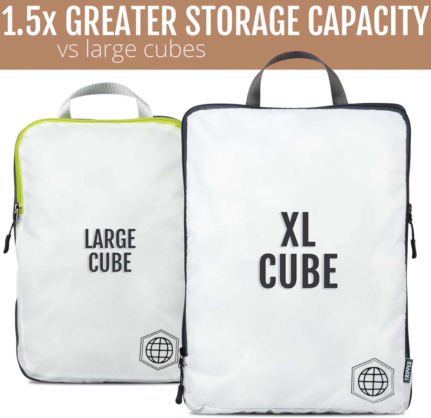 Large Compression Packing Cubes 6 Piece Set for Travel with Lightweight Laundry Bag for Carry-On Suitcase by TRIPPED Travel Gear (White)