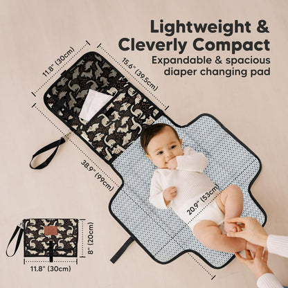 KeaBabies Portable Diaper Changing Pad - Large Waterproof Baby Changing Mat, Compact Travel Diaper Clutch, Functional Pockets Fit Newborn Essentials, Wipeable & Padded Baby Changer (Dino Ridge)