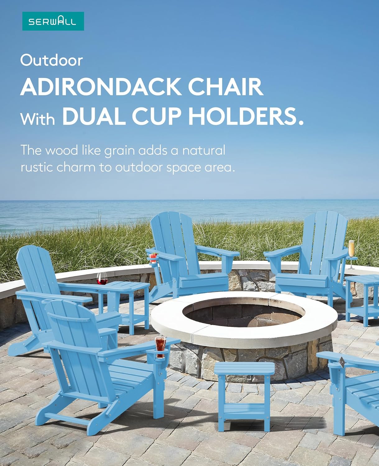 SERWALL Adirondack Chair with Cup Holders - Composite Adirondack Chairs HDPE Outdoor Chairs All Weather Use- Light Blue