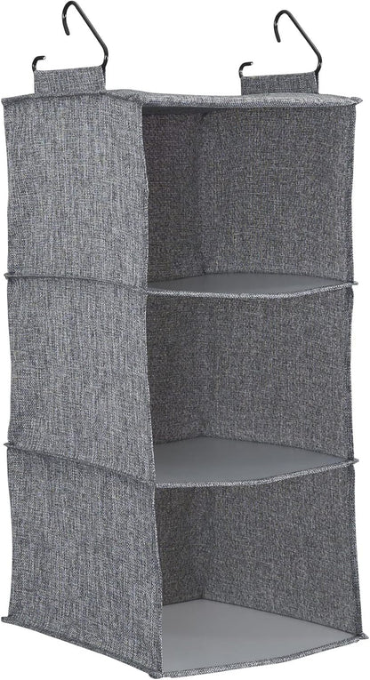 Household Essentials 3 Shelf Hanging Closet Organizer, Hanging Shelf with Hooks, Poly Linen and PEVA Shelving