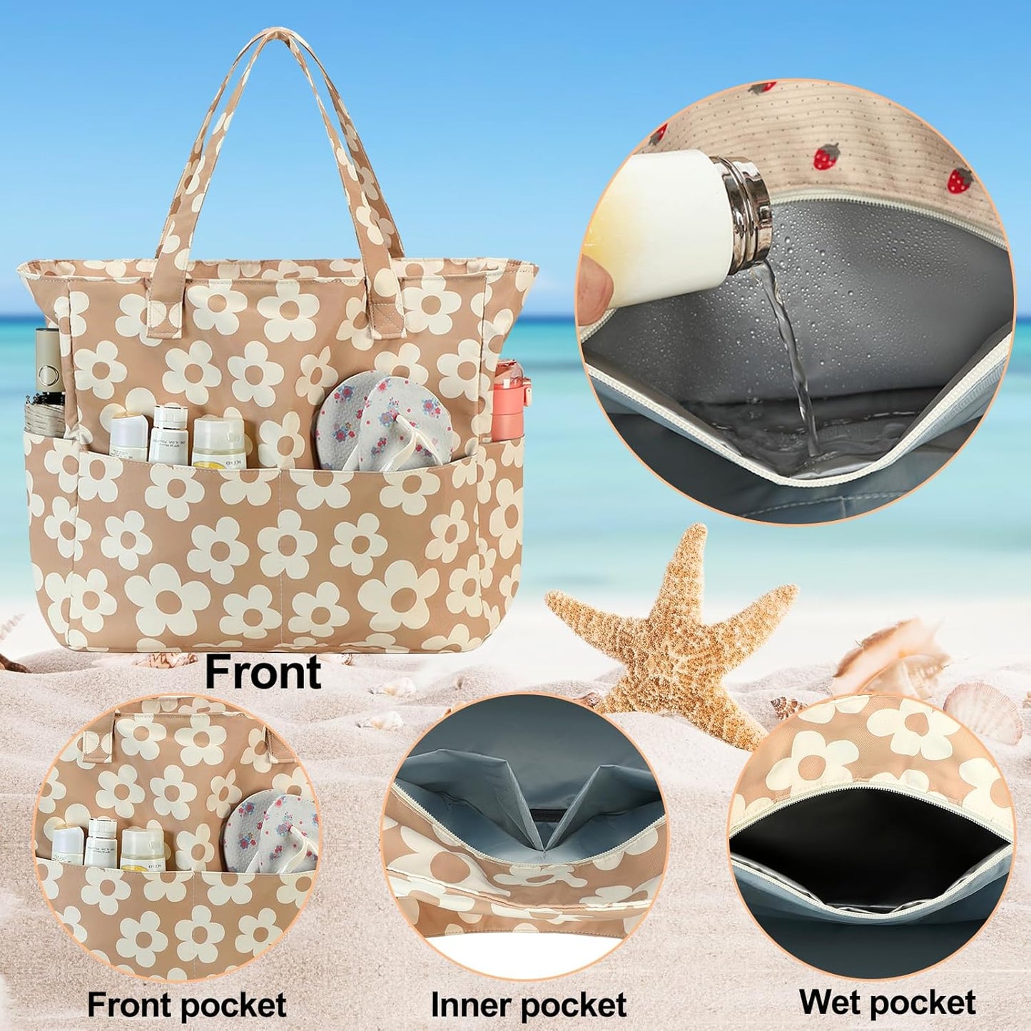 Beach Pool Bags Tote for Women Ladies Large Gym Tote Carry On Bag With Wet Compartment for Weekender Travel Waterproof