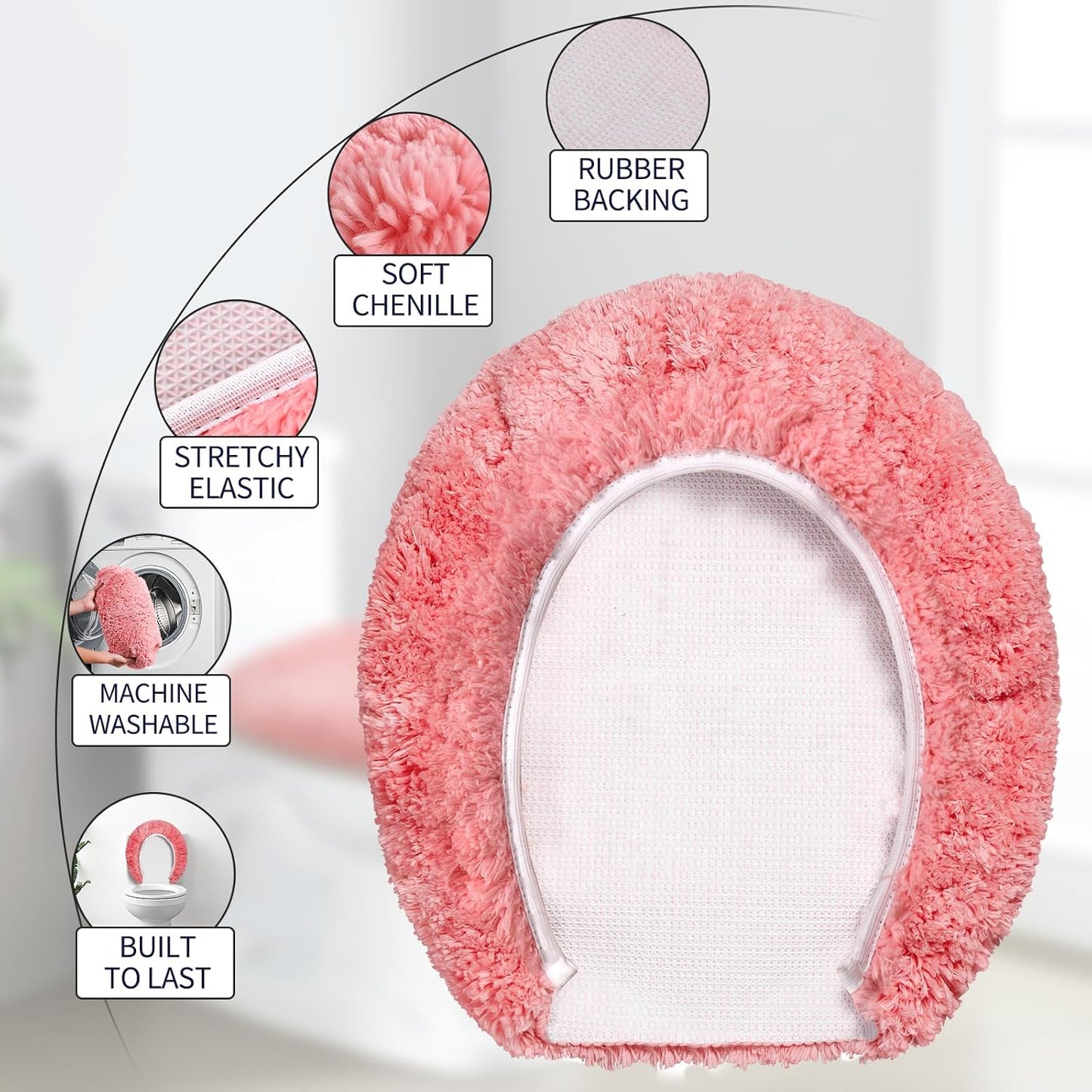 Microfiber Elongated Toilet Seat Cover 19.5"x 15" Machine Washable Solid Toilet Lid Cover Adjustable Rubber Backing Fits Most 18-19.5" L x 14-16" W Elongated Toilet Seat