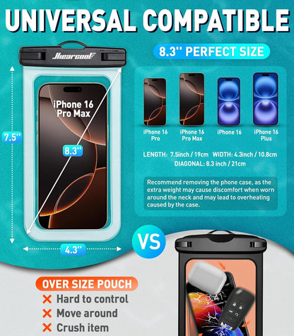 Hiearcool Waterproof Phone Pouch, Waterproof Beach Bag Compatible for iPhone 16 15 14 13 Pro Max Up to 8.3", IPX8 Cellphone Kayak Accessories, Travel Essentials for Beach -Clear-2Pack