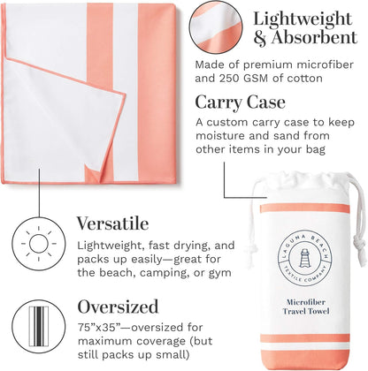 Coral Microfiber Beach Towel by Laguna Beach Textile Co - Sand Free, Light Weight Striped Pool Towel - Perfect for Yoga, Gym, Beach, Pool - Extra Large, 35" x 75"