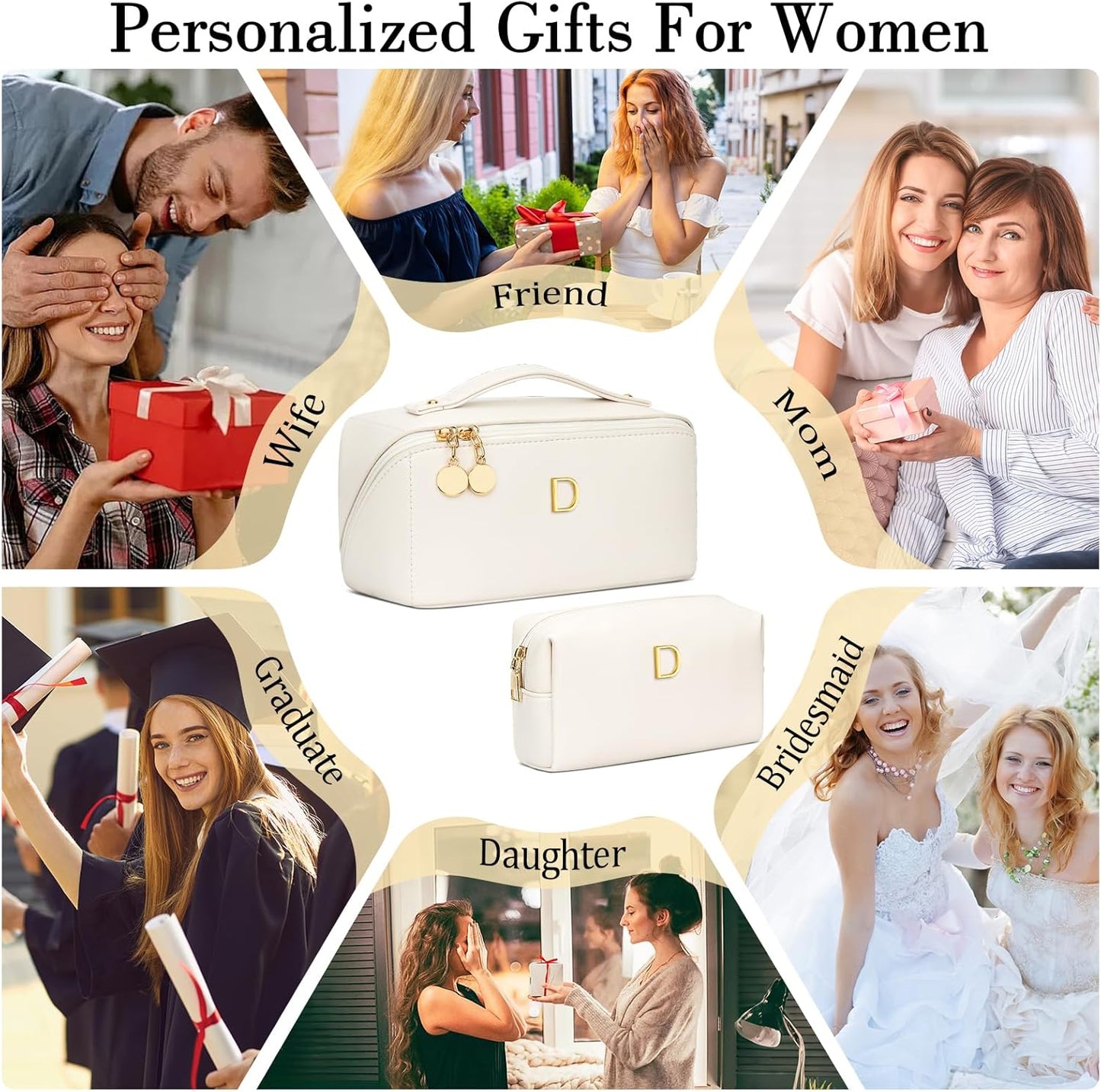 Birthday Gifts for Women Teen Girl, Personalized Initial Makeup Organizer Bag Set, Open Flat Travel Cosmetic Bag With Clear Divider and Handle(Beige,D)
