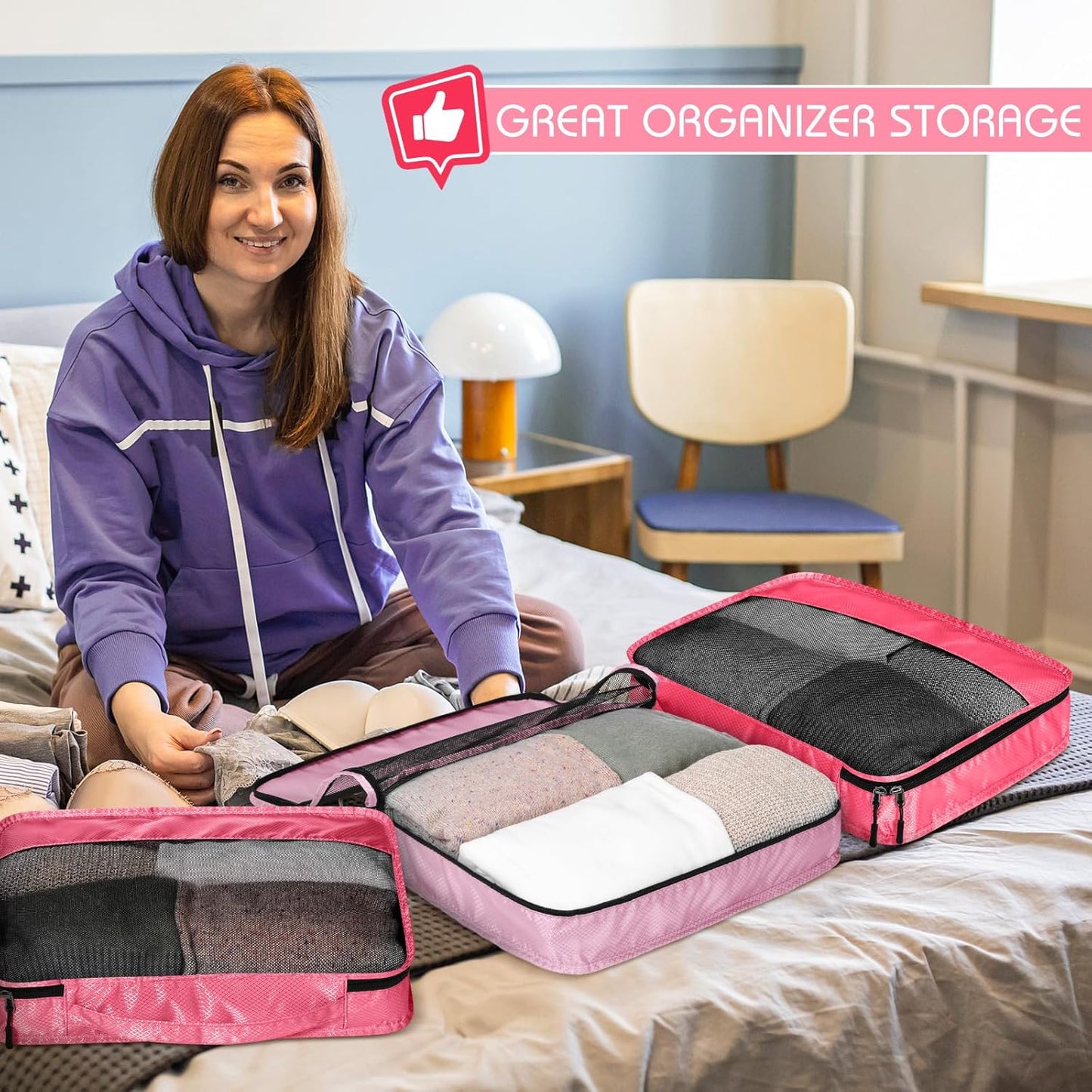 5 Pcs Packing Cubes for Suitcase Large Travel Cubes Carry on Luggage Organizer Bags for Clothes Accessories(M,Pink)