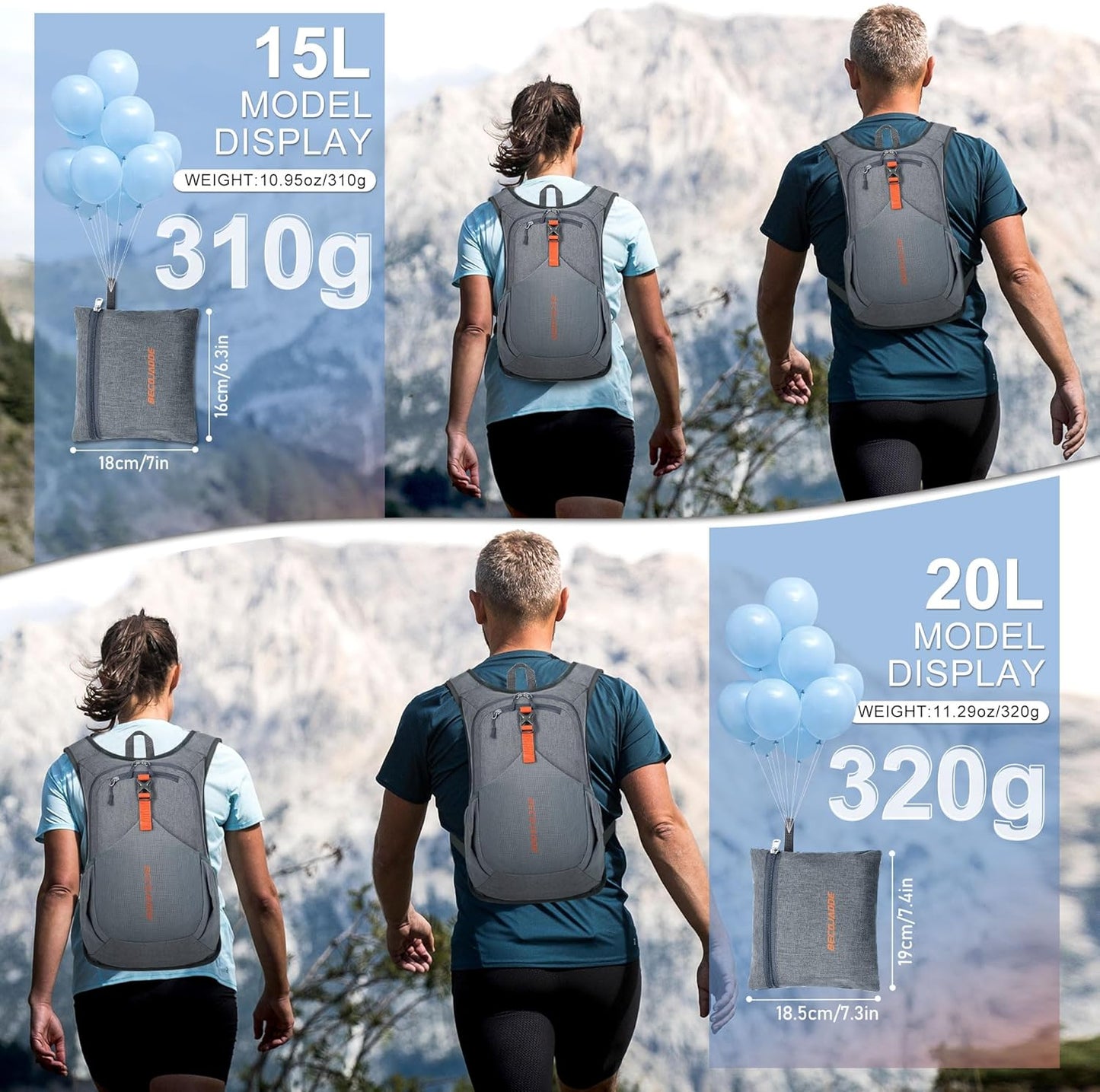 15L Small Hiking Backpack for Men Women Foldable Packable Back Pack Ultralight Hiking Daypack for Travel Camping Outdoor, Gray