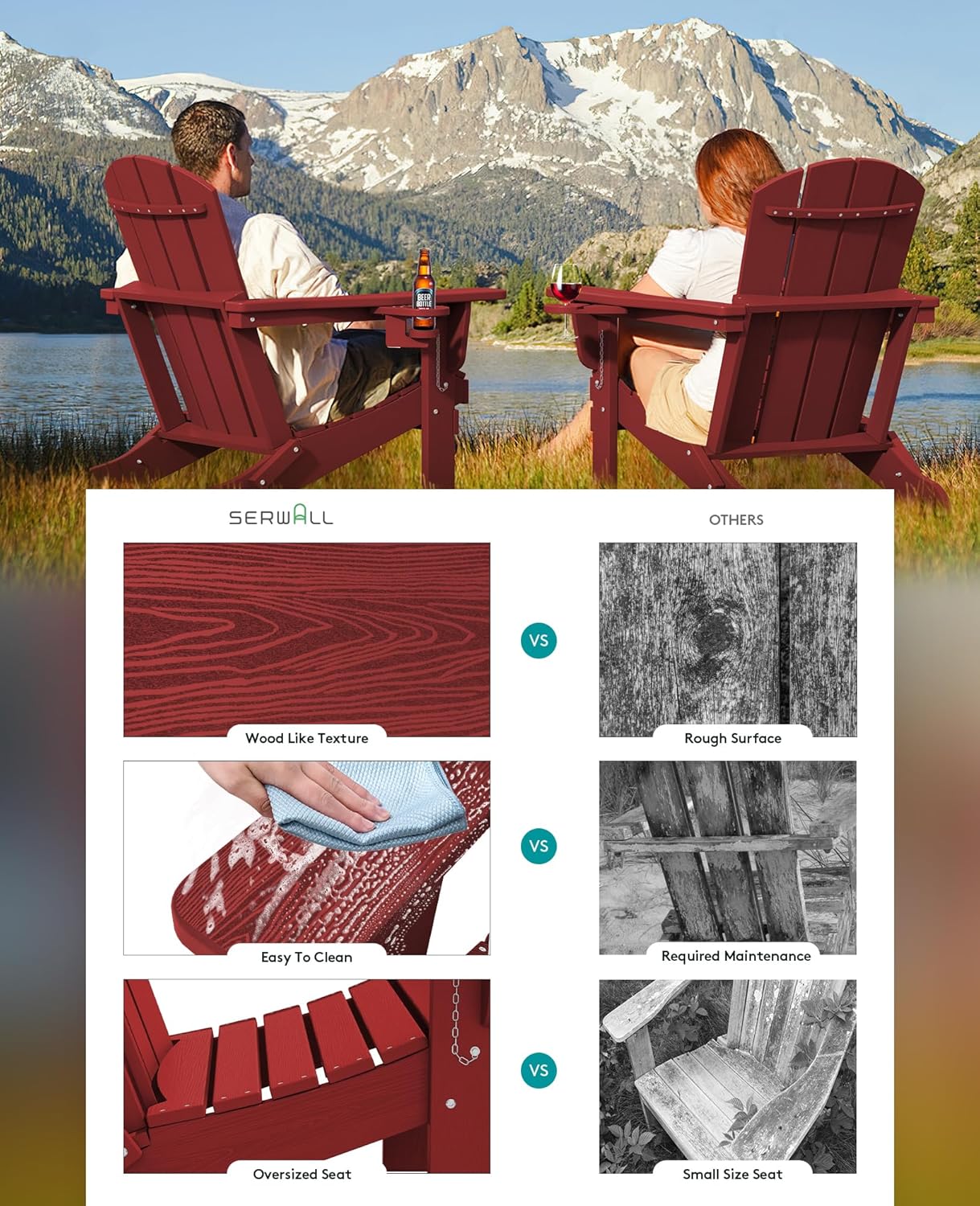 SERWALL Adirondack Chair with Cup Holders - Composite Adirondack Chairs Set of 6 HDPE Outdoor Chairs All Weather Use- Dark Red