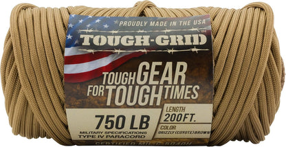 TOUGH-GRID 750 Paracord Rope Nylon Parachute Cord, Made in USA Survival Kit, Outdoor Adventures, Camping, Tactical Gear & Emergency Supplies, Military Type IV Mil-Spec