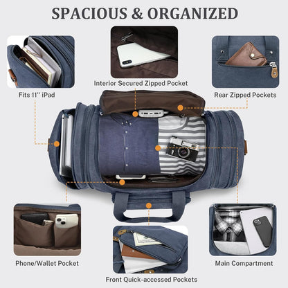 Gonex Canvas Duffle Bag for Travel 60L Expandable Duffel Weekend Overnight Bag men (Denim Blue)