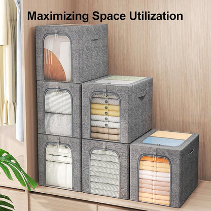 GoMaihe Clothes Storage Bins Metal Frame: 55L Extra Large Stackable Closet Storage Bin with Lid & Clear Window, Heavy Duty Blanket Box for Winter Coats Comforters (Fits Deep Closet 4-Pack)